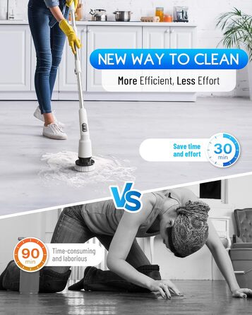 Electric Cleaning Brush, 12-in-1 Electric Spin Scrubber Cordless with 8 Interchangeable Brush Heads, Electric Cleaning Brush with Adjustable Handle for Bathroom, Kitchen, Tiles, Floors, Car (White)