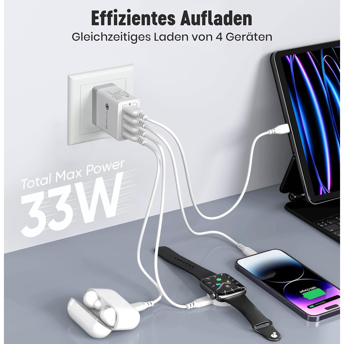 Мережевий адаптер USB 33W з 4 портами, швидка зарядка QC 3.0, для iPhone 16/15/14/13/12/11, Samsung, iPad та інші пристрої
