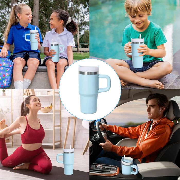 Термокружка ZAKVOP 410мл з соломкою, з кришкою та ручкою, для гарячих та холодних напоїв, блакитна