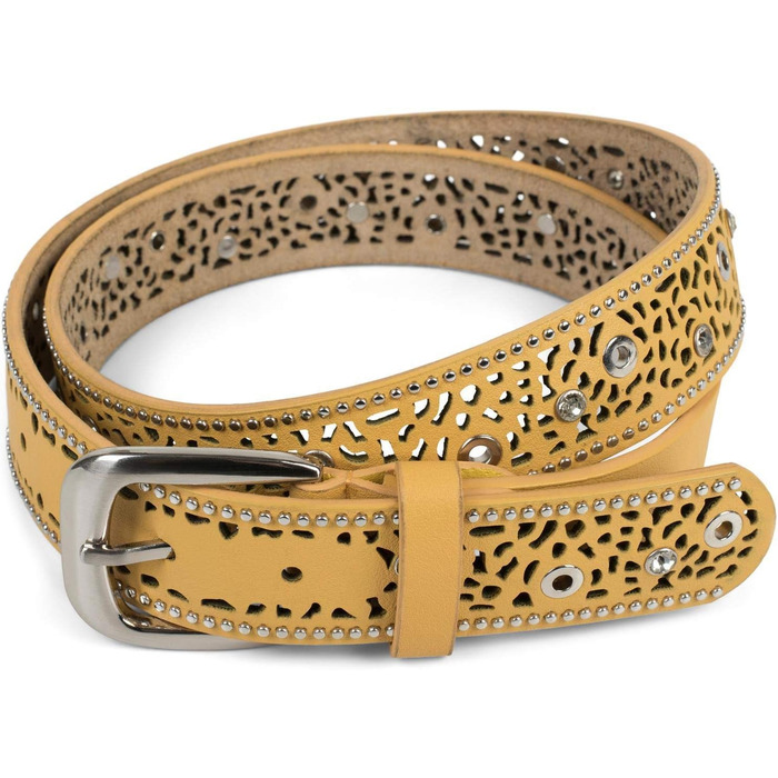 Жіночий пояс styleBREAKER з вирізами, стразами та заклепками, вінтажний, регульований, колір: гірчичний