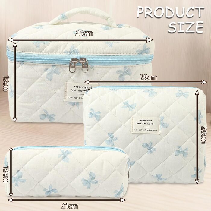 Набір косметичок 3 шт. для подорожей, дамські косметички з квітковим принтом, набір для макіяжу, косметичні сумочки для дівчат та жінок (блакитна стрічка)