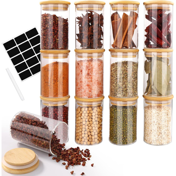 Набір скляних банок для спецій Cinnani 12 шт. з дерев'яними кришками (300 мл)