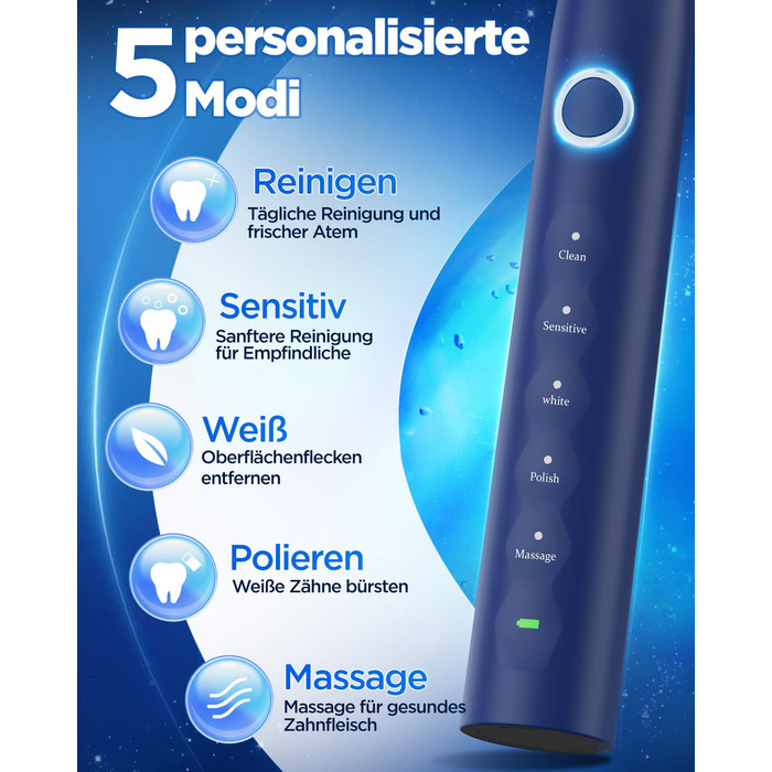 Електрична зубна щітка зі звуковими вібраціями, 8 насадок, 5 режимів, таймер, 120 днів роботи від акумулятора, для дорослих, синього кольору