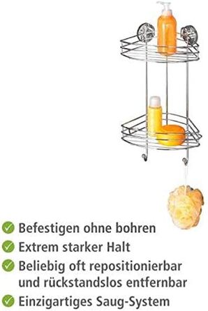 WENKO Vacuum-Loc Corner Shelf 2 Tiers Chrome, Shower Shelf with 2 Levels and 2 Hooks, Drill-Free Attachment with Vacuum, Chrome-Plated Metal, 24.5 x 41 x 16 cm