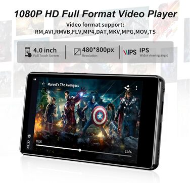 MP3 плеєр SWOFY 80GB з Bluetooth та Wi-Fi, 4.0-дюймовий сенсорний екран, Android MP4 плеєр з підтримкою Spotify, Amazon Music, FM-радіо та браузером (Чорний)