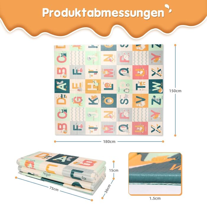 Дитячий килимок для повзання Dripex 150x180x1.5 см, двосторонній, водонепроникний, BPA-free, портативний, для малюків з народження