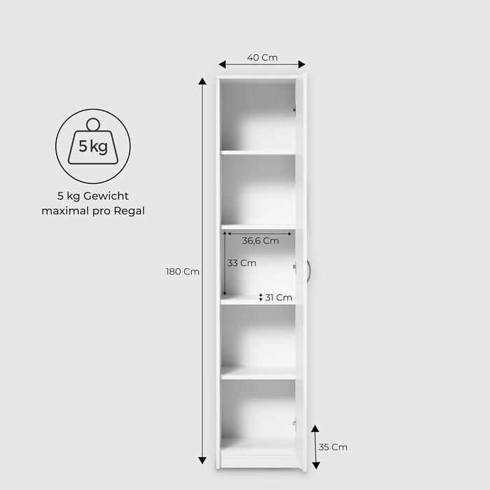 Bookshelf Wardrobe Shelf White 40cm wide 180cm high Storage Cabinet Organizer Multi-Purpose Cabinet with 4 Adjustable Shelves Filing Cabinet Shelf Wall narrow Wood for Bedroom Hallway Basement Office