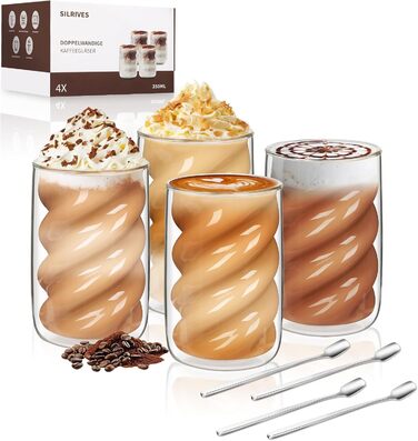 SILRIVES Latte Macchiato Glasses Double-Walled 350ml Set of 4 with 4 Spoons, Borosilicate Glass Coffee Glasses, Insulating, Espresso Cups, Cappuccino Glasses, Iced Coffee, Tea Glasses, Thermos Glasses