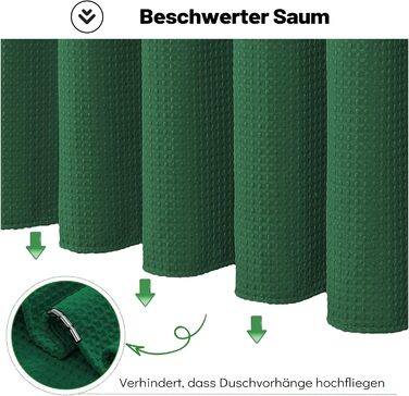 Шторка для душу BTTN, вафельна тканина, 180x200 см, антигрибкова, важка, водонепроникна, з 12 гачками, зелена