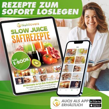 Nutrilovers Slow Juicer Extractor for Fruits and Vegetables - German Brand - Compact Stainless Steel Design, 100% BPA-Free, Easy Cleaning - Includes Recipe E-book + Nutri-App Black Berry (Black)