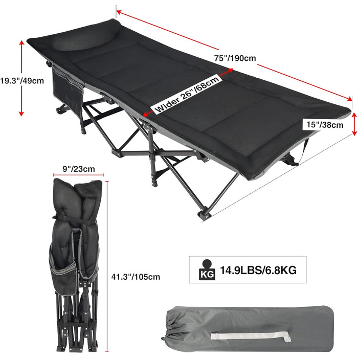 Кемпінгове ліжко REDCAMP XL з матрацом для дорослих, 226 кг, широке, розкладне, для відпочинку на природі, для гостей, для офісу, чорне