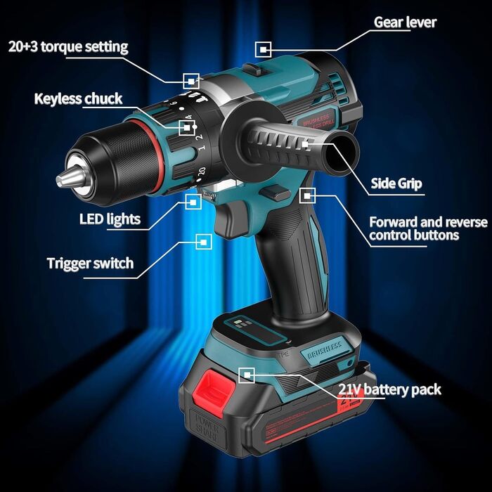 Акумуляторний шуруповерт 21V безщітковий 80 Нм – професійний шуруповерт з 2 акумуляторами 2000 мАг, 2 швидкості, 20+3 ступені крутного моменту, LED-підсвітка та аксесуари – для майстрів, майстерні та ремонту XL02-H