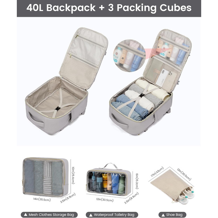 Рюкзак LOVEVOOK 40L для ручної поклажі в літак, жіночий, водонепроникний, з відділенням для ноутбука 17 дюймів, підходить для Easyjet, для подорожей, роботи, хайкінгу, оливково-бежевий (17.3 дюйми, світло-сіро-бежевий)