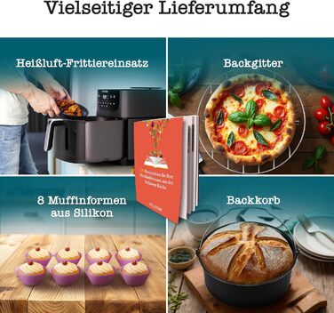 Stillstern Airfryer з оглядовим вікном, 8л, з парою та функцією Shake, 80-200°C, 1800W, таймер 120хв, 100 рецептів, чорний