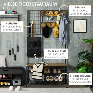 HOMCOM Wardrobe in Industrial Design, 1 Memo Board, 1 Shoe Bench, 8 Clothes Hooks, 1 Storage Bag, Black + Brown
