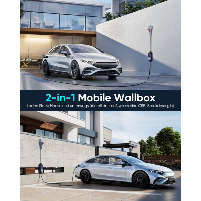 Мобільна зарядна станція для електромобіля 11 кВт (3 фази, IP67, 6-16A, 6м) з кабелем CEE 16A на Typ 2. Регульована потужність, CEE-розетка. Комплект: сумка + кріплення на стіну