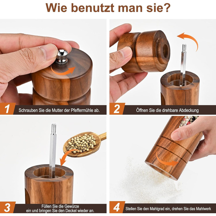 Herboom Salt and Pepper Grinder Wooden 2-Piece Set with Coasters, Cleaning Brush, Manual Ceramic Grinder Salt Mill Spice Grinder, for Pepper Salt Spices