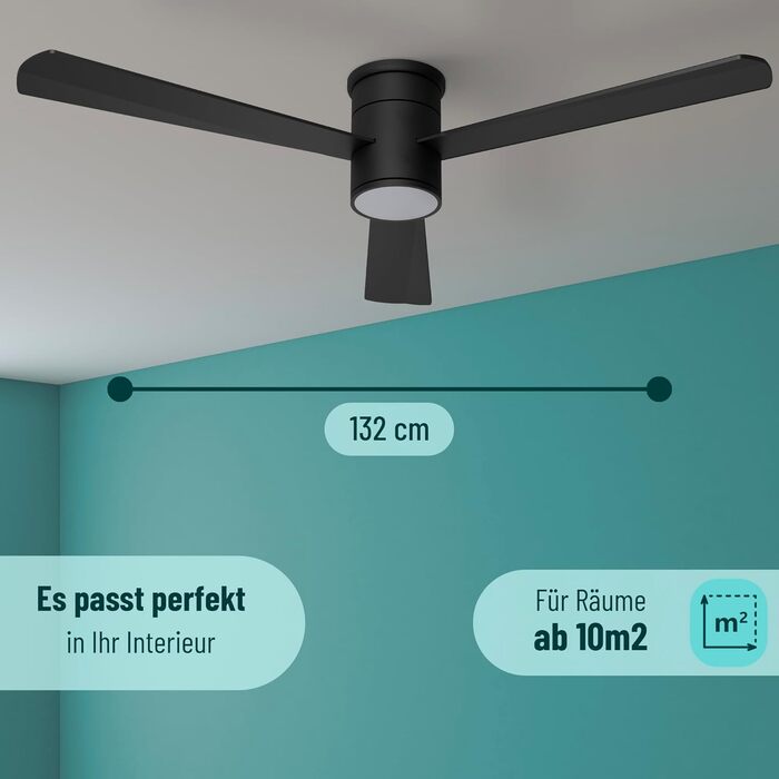 Стеляний вентилятор Noaton® Fornax Weiß з підсвічуванням, діаметр 132 см, DC двигун 40 Вт, регульоване LED-модуль 22 Вт, 3 колірні температури, пульт дистанційного керування, таймер, потік повітря до 185 м³/хв (Zoya BB)