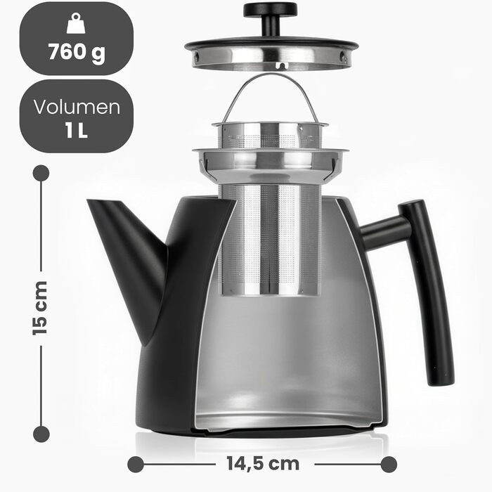 Чайник MALMØ з ситечком - термочайник з подвійними стінками, з нержавіючої сталі 304 - чайник з ситом, 100% без протікань, чорний