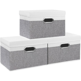 Yawinhe 3-Piece Storage Boxes with Lids, Foldable Fabric Box with Handles, Storage Boxes, for Bedroom, Clothes Storage, 32x23x20cm, SNK023G-3 (32x23x20cm/3-Pack, White/Gray)