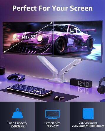 Кріплення для монітора ELIVED EV6012W: підставка для 2 моніторів (13-32 дюйми, 2-9 кг, VESA 75/100mm, регульована, білий)