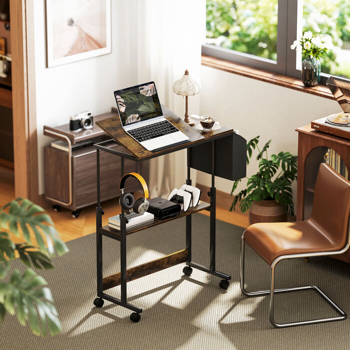 HOMCOM Height-Adjustable Desk, 92 x 40 cm, Computer Desk with Wheels, Tilting Platform, Storage Bag, for Study Room, Office, Steel, Rustic Brown | Aosom