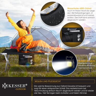 Кемпінгове ліжко KESSER® розкладне з сумкою, ліхтарем та бічною кишенею. Стабільне, металеве, 150 кг, 600D Oxford, 190/210 см, чорне