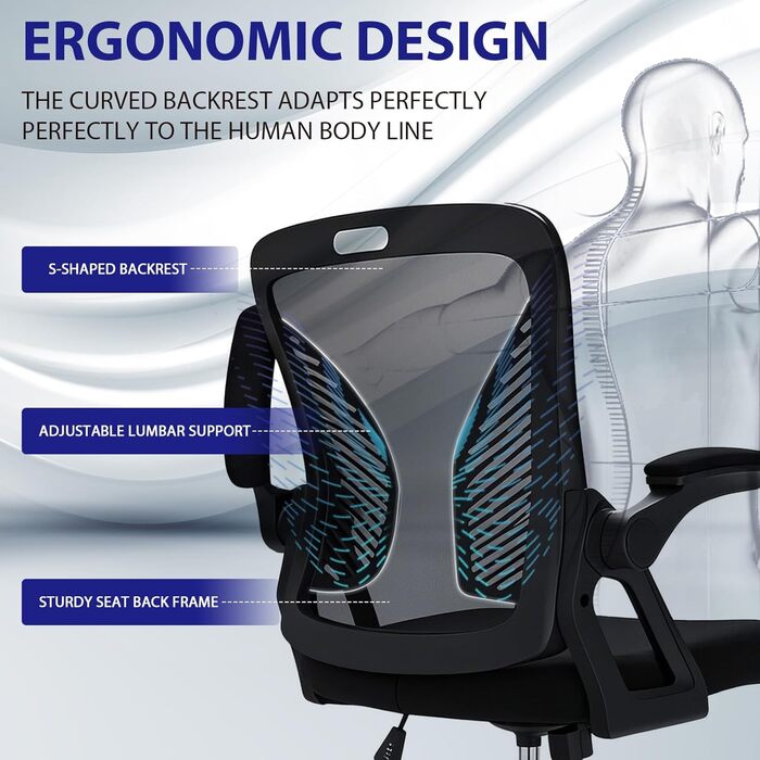 Офісний стіл з регульованими підлокітниками, ергономічний крісло з сітчастою спинкою, підтримкою попереку, регульованою висотою, м'яким сидінням, поворотним на 360°, чорний