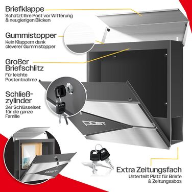 Поштовий ящик KESSER з газетницею, нержавіюча сталь, сріблясто-антрацитовий, з 2 ключами, настінний, з м'яким закриттям кришки, з кріпленням