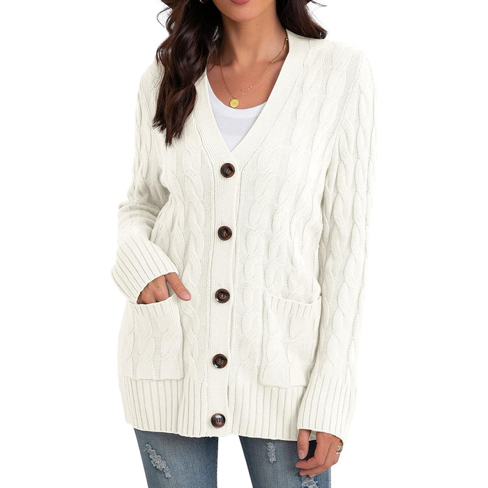 Жіночий в'язаний кардиган GRECERELLE з довгими рукавами, з кишенями та ґудзиками. Елегантний в'язаний жакет для осені/зими/весни. Розмір L, колір білий.