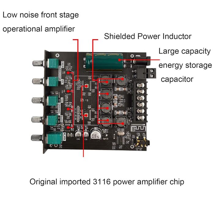 Підсилювач RUIZHI 2x50W+100W 2.1-канальний з Bluetooth, сабвуфер, плата з регулюванням басів і високих, TPA3116, DC 12-24V, для бездротових DIY-колонок