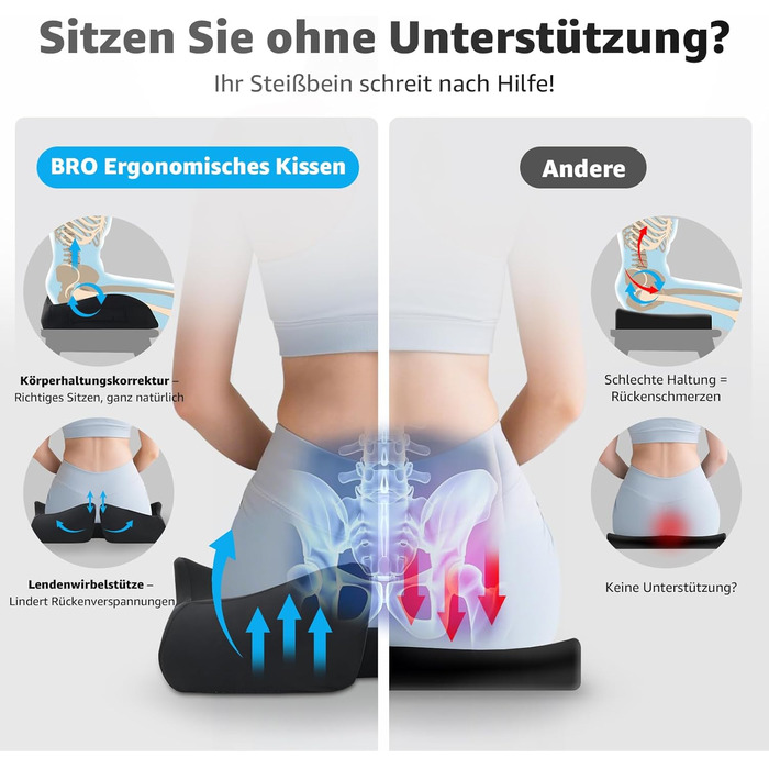 Ортопедична подушка для сидіння BRO Extra Großes з чохлом Ice Silk, Memory Foam. Ергономічна подушка для підтримки куприка для офісного крісла, авто та інвалідного візка.