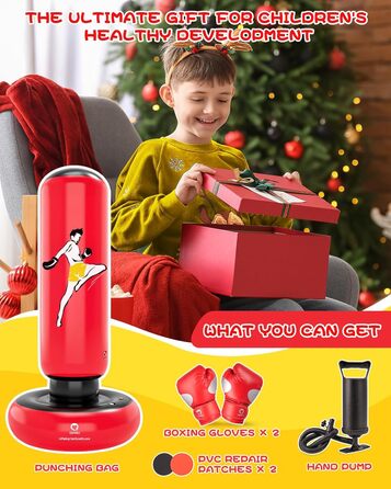 Дитячий боксерський мішок QPAU з рукавичками, 168 см, стабільний надувний боксерський мішок для дітей 6-12 років, подарунок для хлопчиків та дівчаток (Червоний)