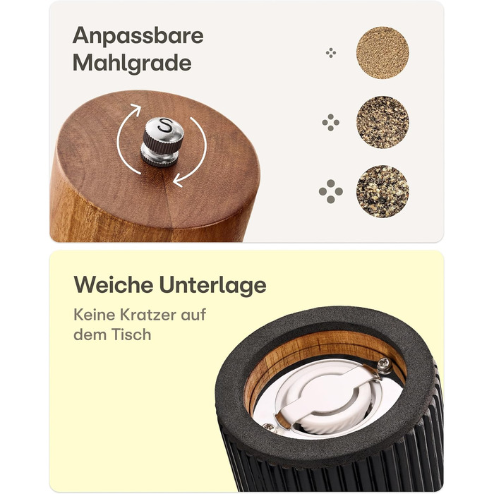 Набір для солі та перцю Praknu з акації FSC® з керамічним жорном – безступеневе регулювання та довговічність – для перцю та солі – дерев'яна млинка для спецій – набір млинок для солі та перцю – чорний – великий