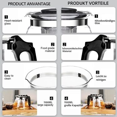 Чайник Lovegrace зі скла з ситечком – термостійкий, придатний для миття в посудомийній машині, фільтр з нержавіючої сталі, чайник зі ситом, скляний чайник, чайник для листового чаю та кави, прозорий (1100 мл)