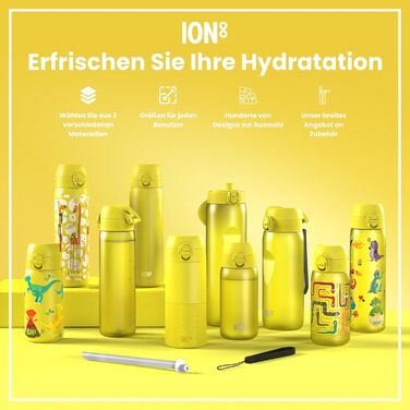 Ion8 Vacuum Insulated Stainless Steel Water Bottle, 1 Liter, 920 ml, Leak-Proof, One-Handed Opening, Secure Locking Mechanism, Dishwasher Safe, Carrying Handle, Durable, Ideal for Sports and Yoga (OneTouch 2.0, Yellow)