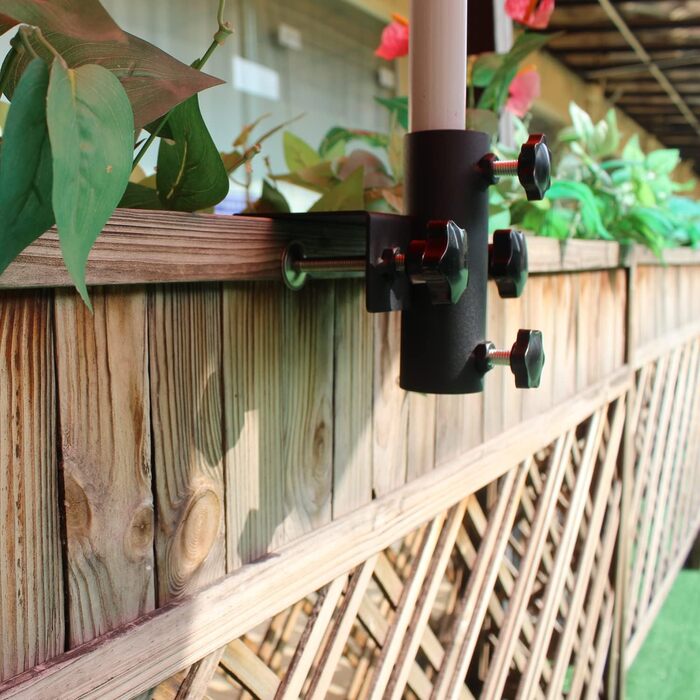 VANROUG Robust Balcony Umbrella Holder, Clamp, Garden Fence, Parasol, Terrace Decking, Clamping Range (20 mm - 63 mm), Umbrella Diameter (23 mm - 38 mm) (black)