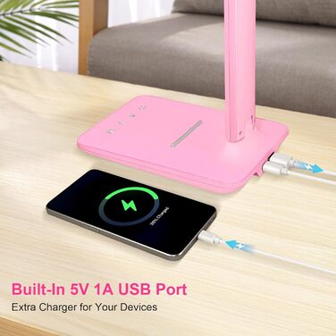 Стійка лампа Jumoking LED з регулюванням яскравості та захистом для очей, 5 кольорів, 5 рівнів яскравості, USB-порт для зарядки, сенсорне керування, для дітей, спальні, читання, офісу (Рожева)