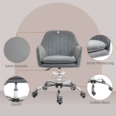 HOMCOM Adjustable Height Desk Chair Swivel Office Chair Rotating Home Office Chair with Back and Armrests Velvet-Look Vanity Chair for Study Room, Grey | Aosom
