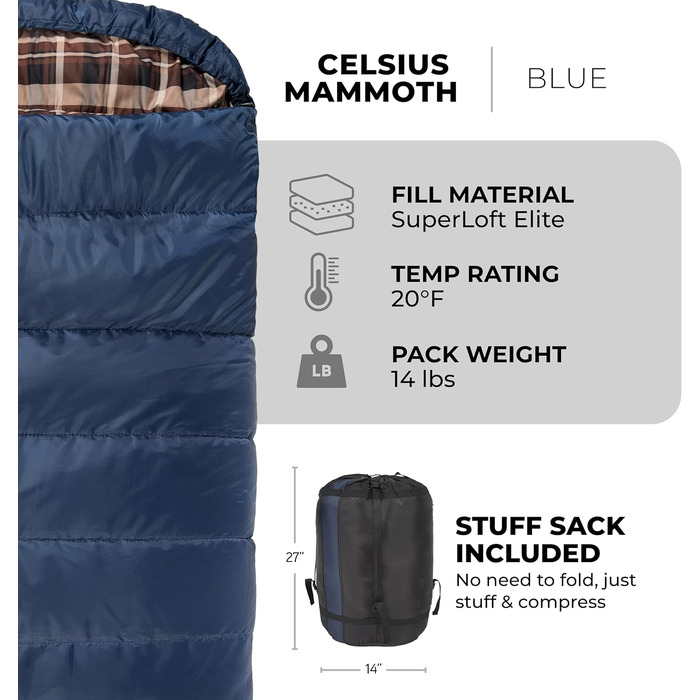 Сплячий мішок TETON Sports Mammoth Queen-Size, двомісний, синій, для кемпінгу, -6°C