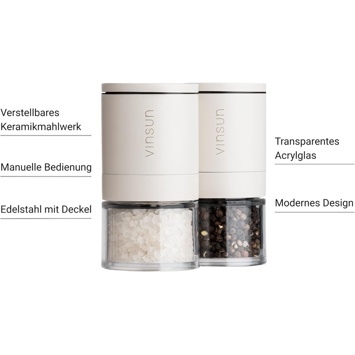 Набір з 2 мельниць для солі та перцю Vinsun - керамічний механізм, регульовані, ручні, нержавіюча сталь, кремово-білі