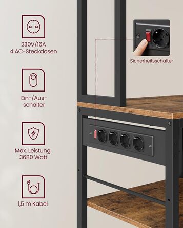 Стелаж кухонний VASAGLE з розетками, 40 x 100 x 180,4 см, з полицями, ящиком з тканини, 12 гачками, антрацитовий + чорний, KKS027B02