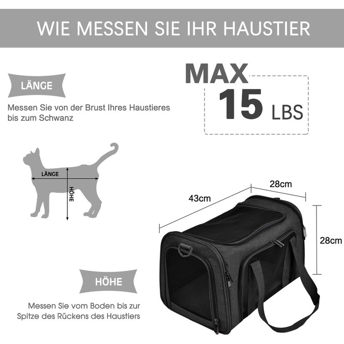 Транспортна сумка для кота/собаки, складана переноска для середніх та малих тварин, чорна, 43 x 28 x 28 см