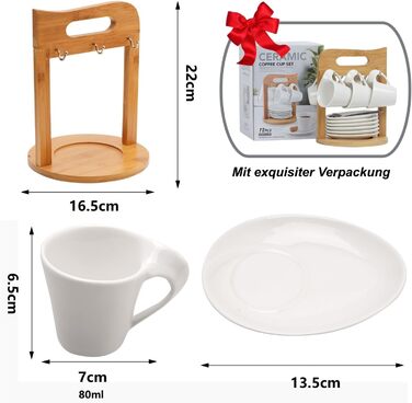 Набір еспресо-чашок з дерев'яним підставкою, 6 шт. по 80 мл, порцеляна, товстостінні, з підставками, для 6 осіб