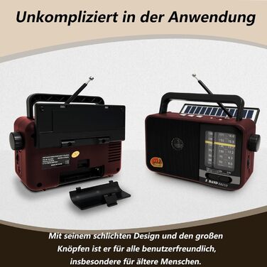 Портативна радіоприймач Klein з сонячною панеллю та акумулятором 1200mAh, AM/FM/SW, 8W динамік, TWS, USB/TF, для кемпінгу, надзвичайних ситуацій та відпочинку на природі (Сірий/Червоний)