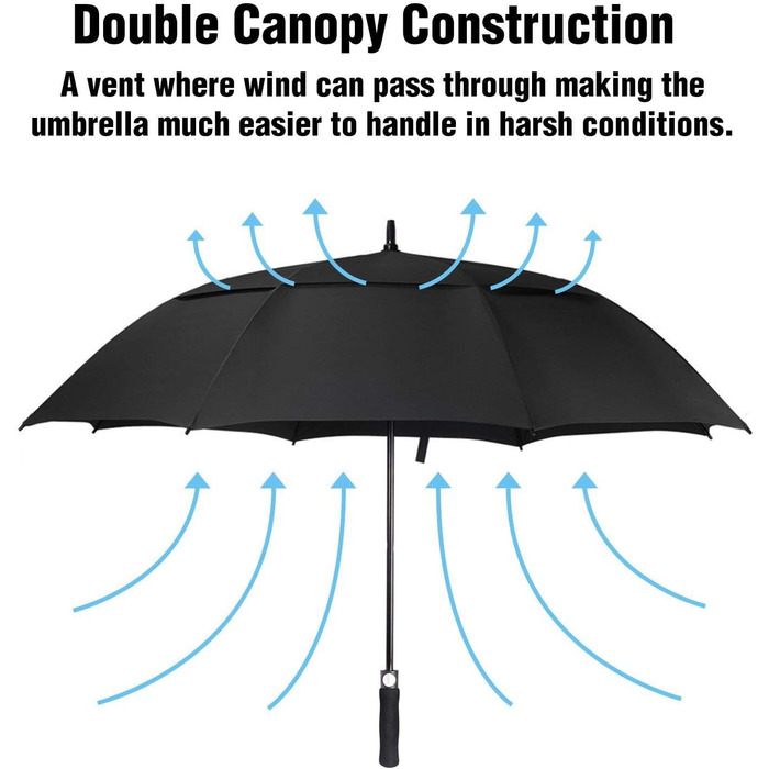 Стійкий до вітру парасолька-тростина XL/XXL, автоматична, з подвійним вентиляційним отвором - високоякісна для жінок та чоловіків, ідеальна як гольф-парасолька, чорна, 62 дюйми (157 см)