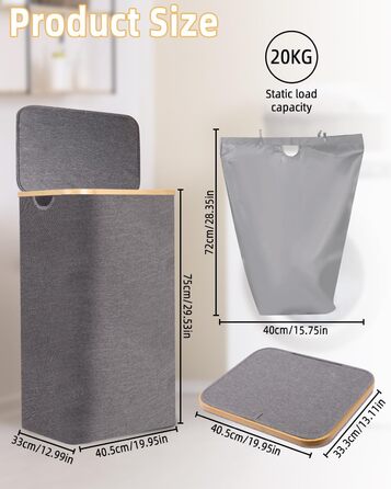 Laundry Basket with Lid 100L, Laundry Box with Bamboo Handles and Inner Pocket, Bamboo Laundry Collector, Large Capacity, Laundry Baskets, Foldable Laundry Baskets for Laundry Room, Bedroom, Bathroom (Gray)