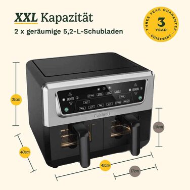 Фритюрниця Cuisinart XXL 10.4L з двома зонами нагріву | Без PFAS та хімікатів | Для смаження, грилю, випікання, дегідратації та підтримання тепла | 2 камери (2 x 5.2L) | 8+ порцій | Деталі придатні для миття в посудомийній машині (2 камери / 10.4L, нержав