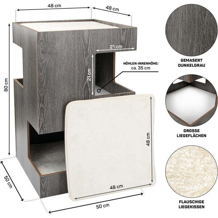 Преміум будиночок для котів з дерева, замок-вежа з ліжками, 50x50x80 см, антрацит
