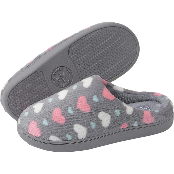 Тапочки жіночі JOMIX Winter Hausschuhe з сердечками, теплі, з плюшевою підкладкою, зручні, антиковзні, для дому, сірий світлий, 39 EU